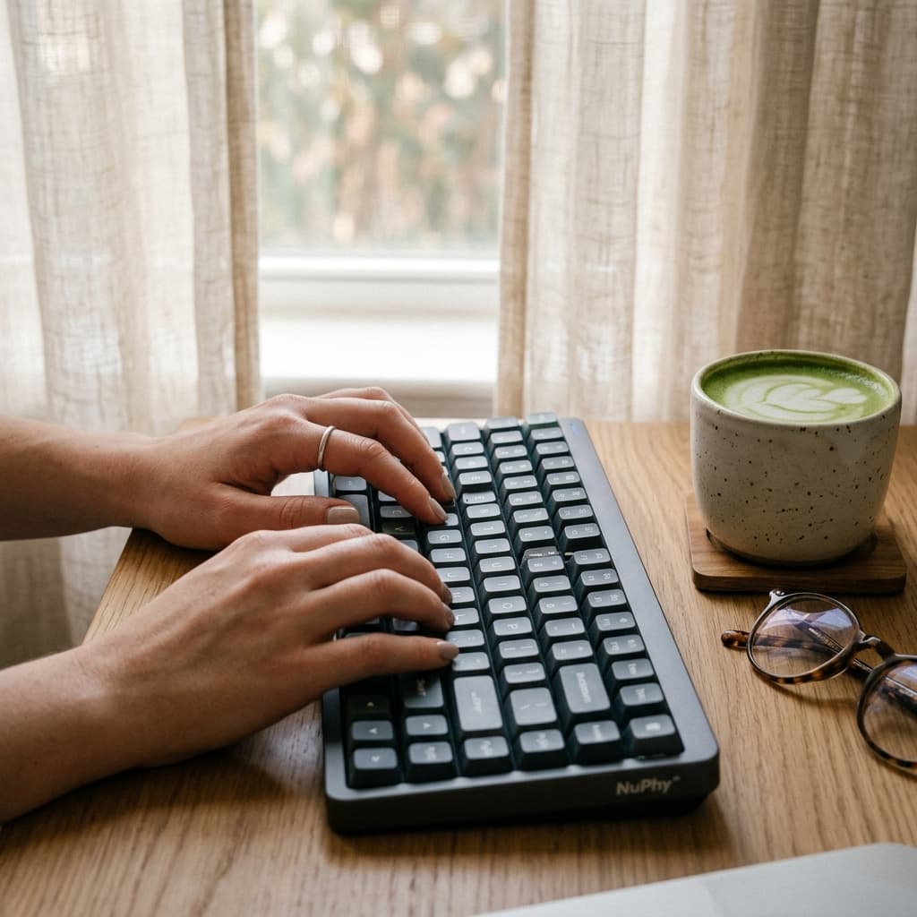 A person typing on a mechanical keyboard in a well-lit room