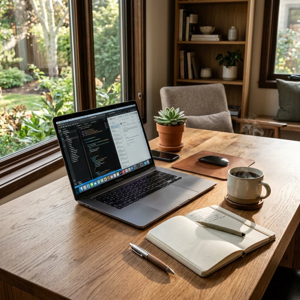Professional creator workspace with a laptop on a wooden desk